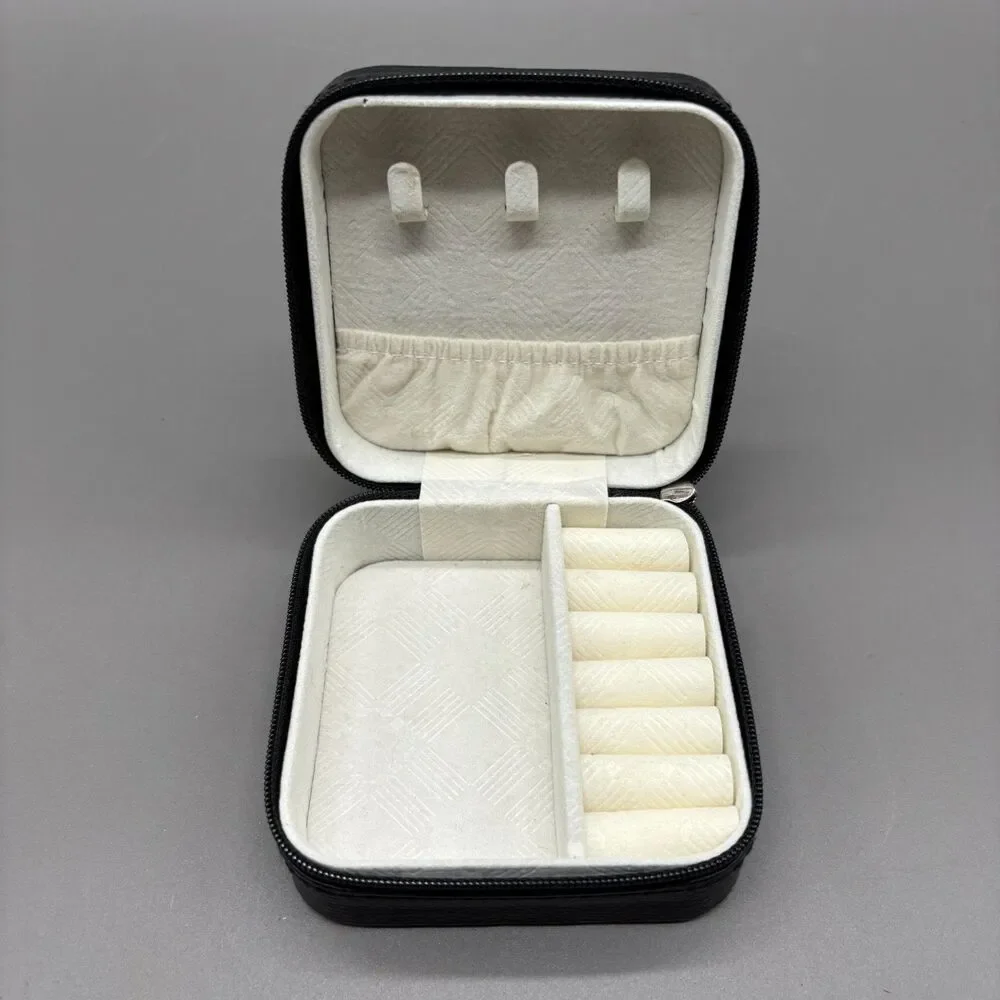 Black Faux Leather Travel Jewelry Case Organizer Ring Earring Zipper Box